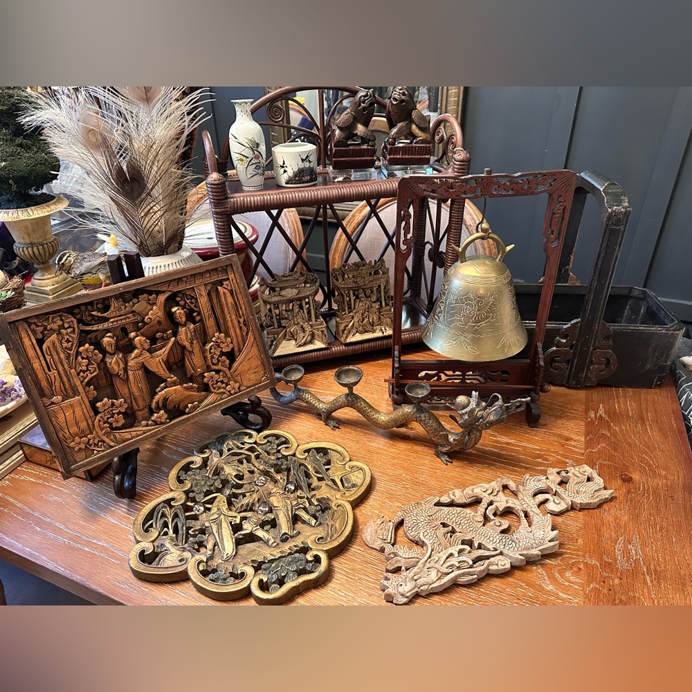 Antique Vintage Asian Home Decor Items: Brass, Carved Wood, Foo Dogs, Bookends..